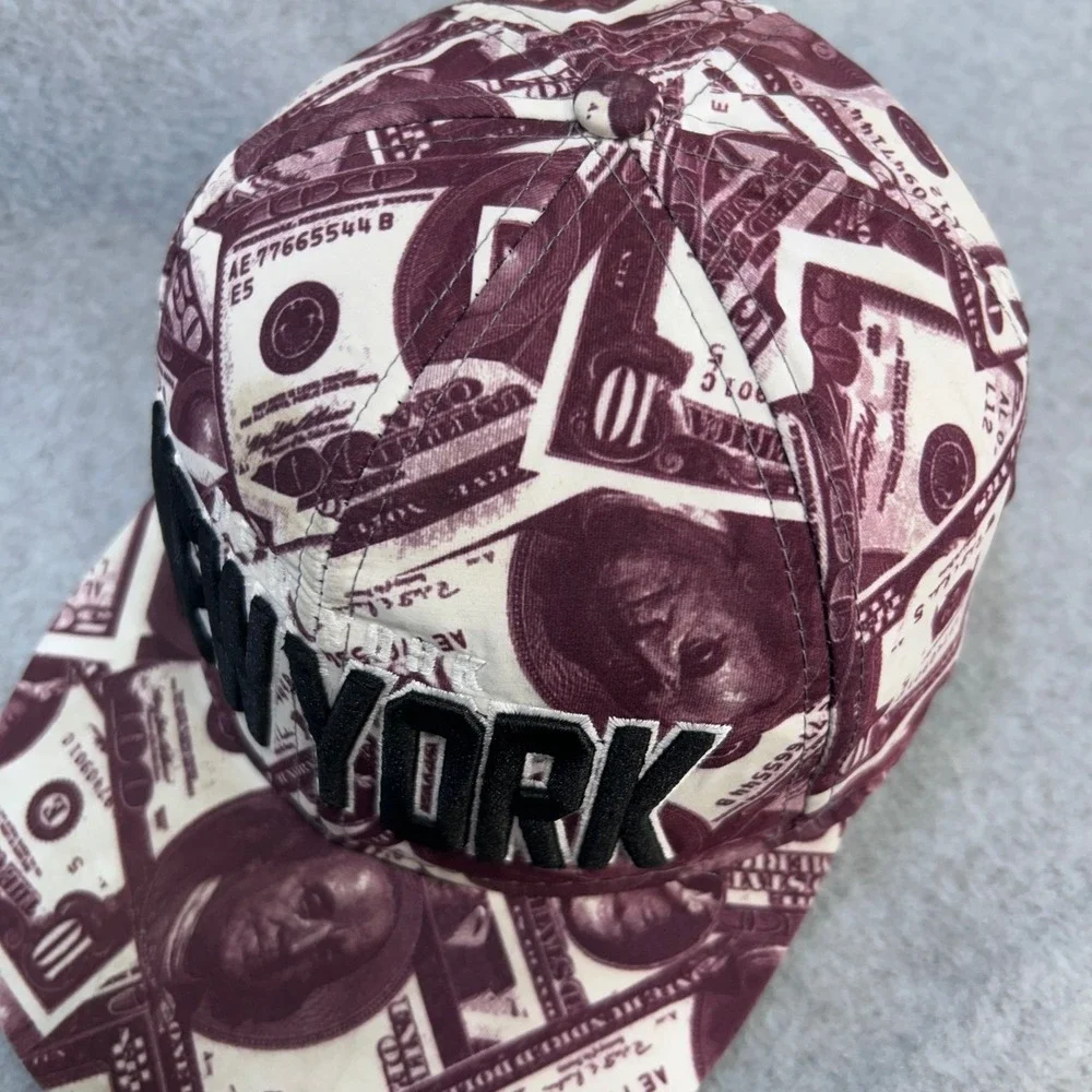 New York Men Maroon T&T Snapback Hat All Over Money Print Embroidered OS